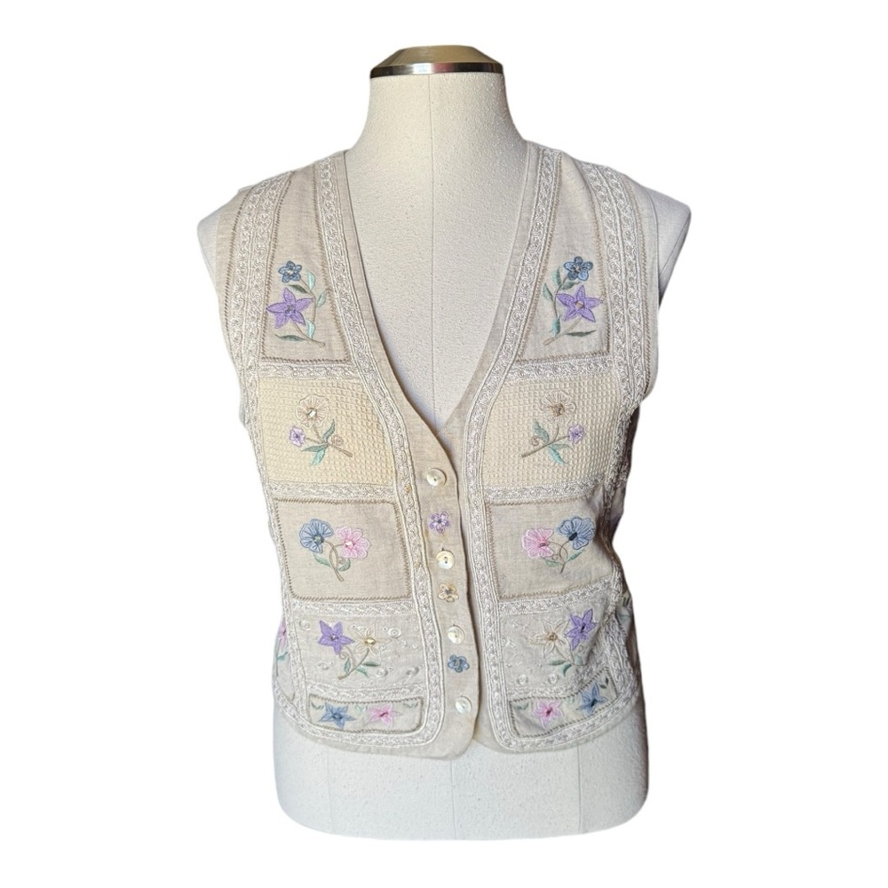 Tantrums Vintage Embroidered Cotton Linen Floral Summer Vest